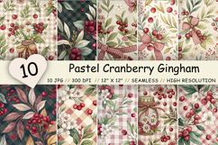 Pastel Cranberry Gingham Digital Paper, Seamless Watercolor Fruit Pattern Bundle, Printable Scrapbook Paper, Red Berry Design Collection