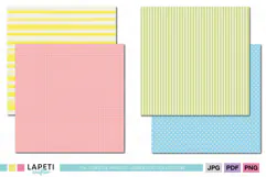 Colorful scrapbook papers in pink yellow green and blue pastel shades