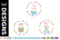 Circular Happy Easter compositions in pink blue yellow and cream colors
