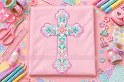 Pastel Floral Cross PNG with Faux Lace Effect Product Image 1