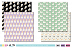 Kawaii Halloween digital papers with adorable ghosts wearing witch hats and glasses in pastel purple, mint, cream, and black color palette.