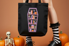 Halloween coffin shelf illustration with black striped backing, pastel pink and purple tones, witchy decor, spooky books, and cozy Halloween accents.