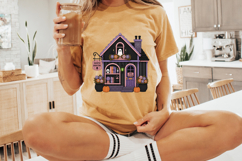 Cute spooky bookstore PNG with gothic Halloween decor, pastel purple storefront, crystal ball, bookshelves, and cozy haunted aesthetic.