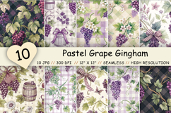 Pastel Grape Gingham Digital Paper, Seamless Watercolor Fruit Pattern Bundle, Printable Scrapbook Paper, Purple Vine Design Collection
