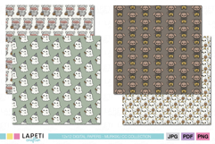 Pastel Halloween paper set featuring kawaii ghosts and mummy pig characters, perfect for kids crafts.