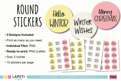 Minimalist winter stickers in round shape with festive greetings for planners, cards, and holiday packaging.