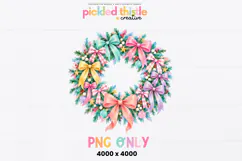 Colorful Christmas Wreath PNG, Pastel Holiday Wreath Product Image 1