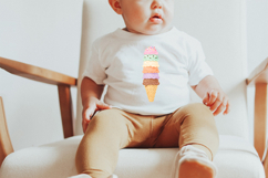 Cute dessert graphic featuring a stacked ice cream cone with soft blended colors and watercolor texture for creative projects.