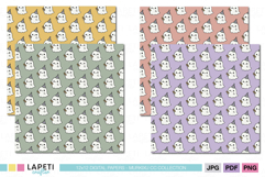 Kawaii ghost pattern papers in soft pastel colors for Halloween crafts, printable 12x12 digital backgrounds.