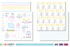 Recipe book paper with baking quotes and kitchen elements.
