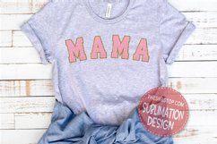 pink and gold chenille sublimation letters saying Mama on a grey t-shirt