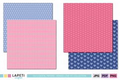 Soft pink and blue Valentine digital papers with cute heart and geometric patterns.