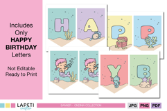 Close-up of individual “HAPPY BIRTHDAY” banner flags with mermaid and ocean elements in pastel colors