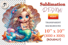 Mermaid princess sitting in open shell with ocean decorations and pink starfish, perfect for printable art, sublimation, and party decor.