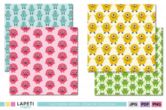 Bright pastel monster digital paper set featuring cute creatures in pink, yellow, green, and blue, great for classroom or scrapbook crafts.