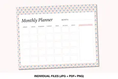 Printable undated monthly planner with pastel pink and blue geometric border and notes section