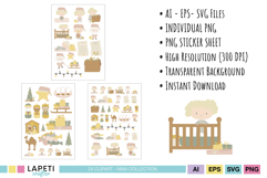 Soft Christmas nativity illustrations with baby Jesus, Magi, and Christmas tree, pastel palette.