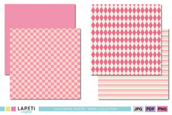 Soft pink scrapbook paper set featuring checkerboard, plaid, argyle and striped backgrounds.