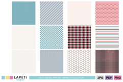 12x12 scrapbook paper pack featuring plaid, dots, stripes and geometric designs.