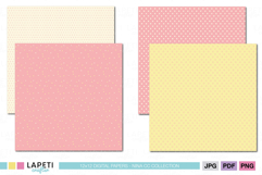 Cute pastel pink and yellow digital papers with polka dots and star patterns, perfect for baby shower invitations and journaling.