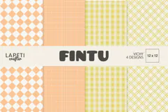 Four pastel digital papers with peach and yellow plaid, gingham, grid and diamond patterns
