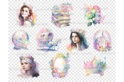 Fairytale watercolor portraits of girls princesses with crowns. Brunette, blonde and princess with brown hair. Fairytale unicorns. Magic ball, rainbow over fairytale castle. Rainbow crown. Rainbow mirror decorated with flowers. Rainbow roses with leaves