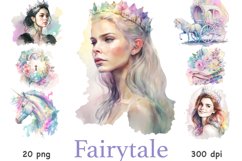 Fairytale rainbow watercolor portraits of princess girls with crowns. Brunette, blonde and princess with brown hair. Fairytale unicorns. One unicorn with a wagon decorated with flowers. Stack of books with flowers. Key lock with flowers.