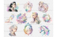 Fairytale watercolor portraits of girls princesses with crowns. Brunette, blonde and princess with white hair. Fairytale unicorn. Rainbow glass perfume bottle. Rainbow fairy slipper, stack of books with flowers, key lock with flowers, magic mirror