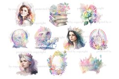 Fairytale watercolor portraits of girls princesses with crowns. Brunette, blonde and princess with brown hair. Fairytale unicorns. Magic ball, rainbow over fairytale castle. Rainbow crown. Rainbow mirror decorated with flowers. Rainbow roses with leaves