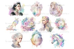 Fairytale watercolor portraits of girls princesses with crowns. Brunette, blonde and princess with white hair. Fairytale unicorn. Rainbow glass perfume bottle. A rainbow fairy slipper, a stack of books with flowers, a key lock with flowers, a magic mirror