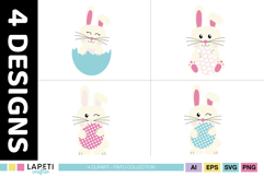 Smiling cream rabbit popping out of a pastel blue Easter egg