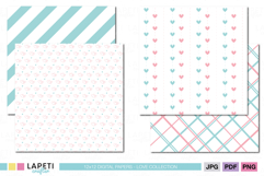 Pink and blue minimal digital papers featuring hearts, stripes, and modern plaid designs for planners and scrapbooking.