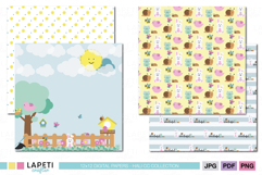 Coordinated spring digital paper set with sunny sky, smiling suns, and animal patterns for Easter projects.