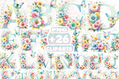 Pastel Spring Floral Alphabet Clipart, Watercolor Flower PNG Product Image 1