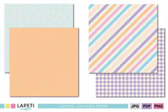 Four coordinated 12x12 pastel scrapbook papers in peach blue pink and lavender