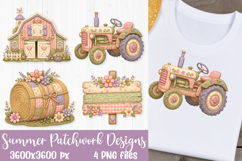 Pastel summer patchwork bundle featuring a farmhouse barn, vintage tractor, rolled rug, and floral sign for sublimation and DTF printing.