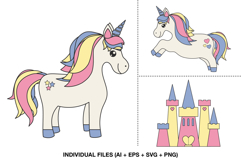 Cute pastel unicorn clipart with colorful mane and fairy-tale castle for kids’ crafts and nursery art.