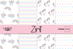 Four pastel unicorn digital papers for children’s birthday decorations and party stationery