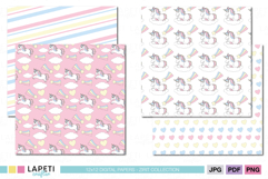 Printable unicorn backgrounds featuring clouds, rainbows, stars and hearts