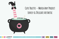 Cute pastel Halloween cauldron bubbling with green potion and witch leg inside. Includes pink accents and spooky cute style.