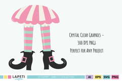 Pastel witch legs under a striped pink and mint umbrella skirt. Adorable Halloween illustration for cards, stickers, and crafts.