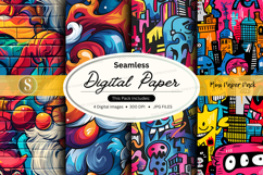 Seamless digital paper with colorful cityscape and cartoons Product Image 1