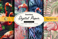 Seamless digital paper with flamingo and tropical leaves pat Product Image 1