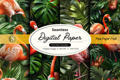 Seamless digital paper with flamingos and tropical leaves Product Image 1