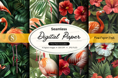 Seamless tropical digital paper with flamingos and hibiscus Product Image 1