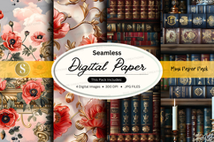 Seamless digital paper pack with floral and book designs Product Image 1