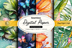 Seamless tropical digital paper pack with watercolor leaves Product Image 1
