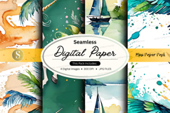 Seamless tropical digital paper pack with sailboat and palm Product Image 1