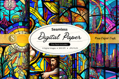 Seamless digital paper texture with vintage stained glass pa Product Image 1