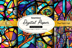 Seamless digital paper pack with vibrant stained glass patte Product Image 1